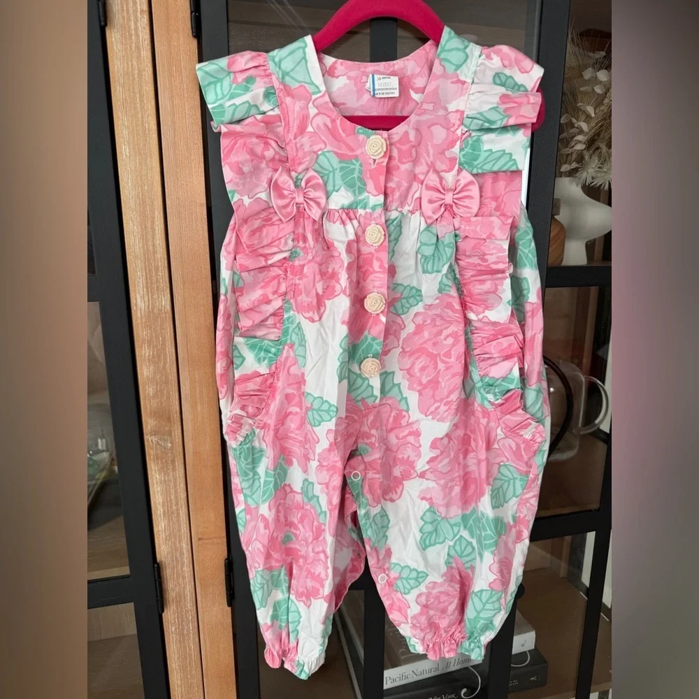 Vintage 80s floral jumpsuit baby girl bows roses coverall romper quirky colorful